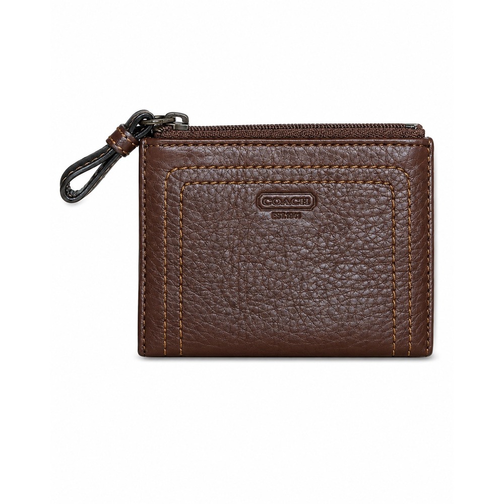Coach Brown Pebbled Leather Zip Card Case Wallet with Key Ring Chain